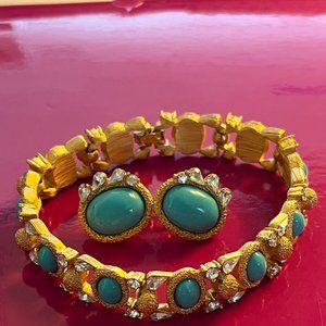 Crown Trifari Goldtone Faux Turquoise and Crystal Vintage Bracelet and Earrings